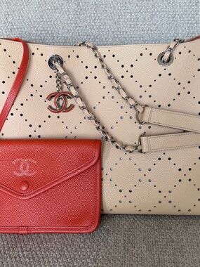 Chanel Beige Leather Shopping tote w detachable pouch complete set